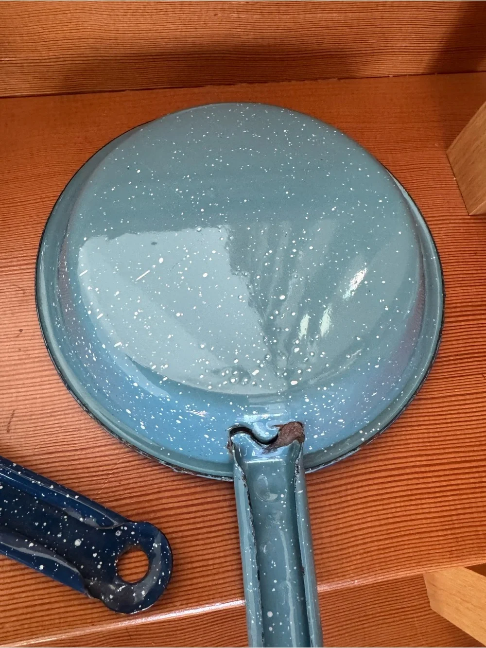 2 Blue Speckled Enamel Saucepans for camping, decor or up-cycle